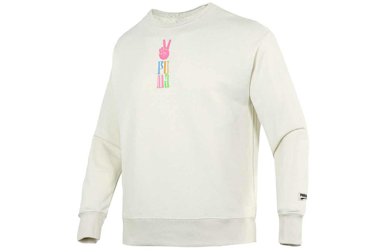 Puma Fun Logo Print Training Knit Pullover Sweatshirt Off-White 533037-73