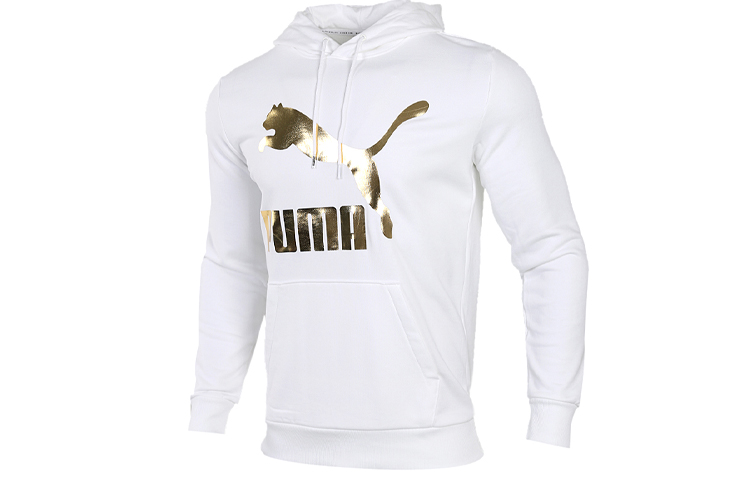 Puma Gold Logo Loose Fit Knit Hoodie - White Breathable American Style 595907-92