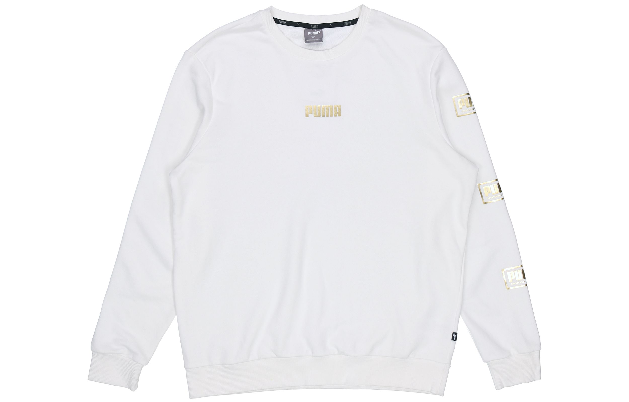 Puma Holiday Logo Gold Print Mens White Crewneck Sweatshirt 586348-02