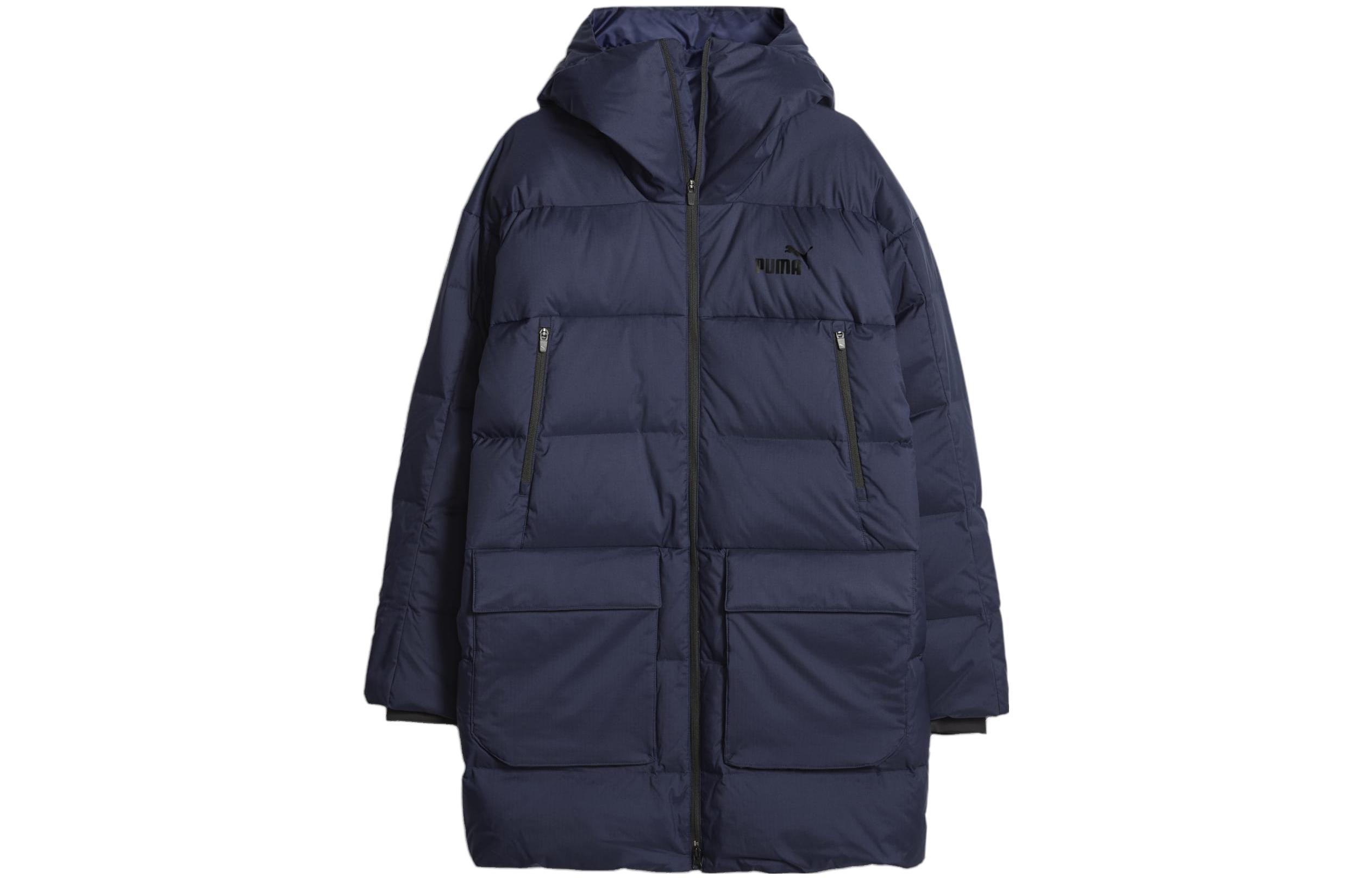 Puma Hooded Mid-Length Jacket Navy Blue Casual Solid Loose Fit 675378-06