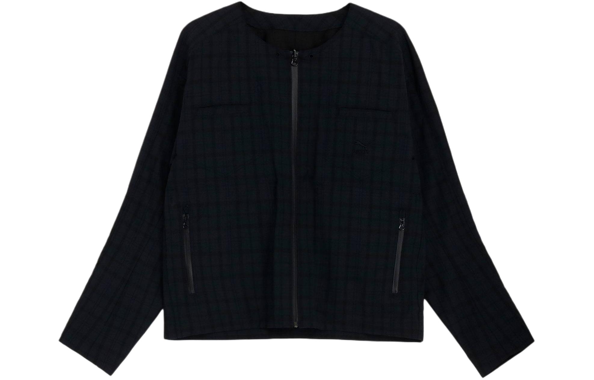 Puma HYO-RI Checkered Design Casual Collarless Jacket Navy Blue 625454-06