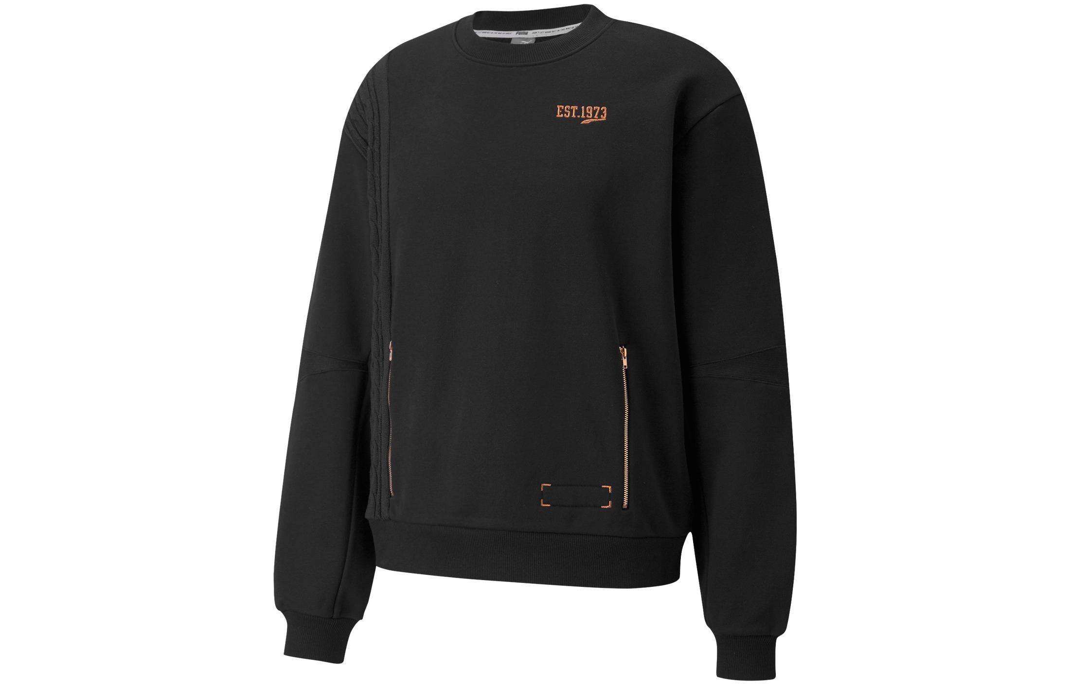 Puma Logo Embroidered Crewneck Sweatshirt with Zipper Pocket Black - Casual 532207-01
