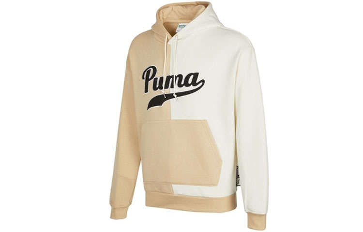 Puma Logo Embroidered Two-Tone Fleece Retro Hoodie Beige Winter Essential 534381-20