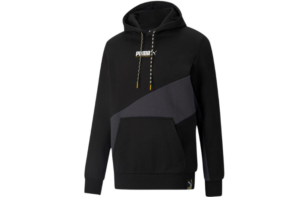 Puma Logo Print Drawstring Colorblock Pullover Hoodie Black 533084-01