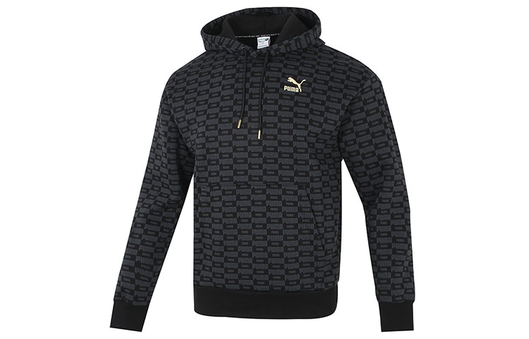 Puma Luxe AOP Hoodie Black Full-Print Logo Knit Pullover 534409-01