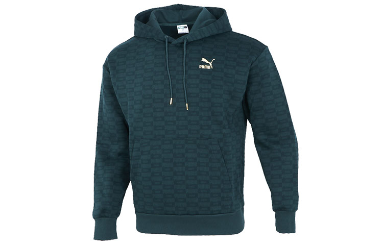 Puma Luxe AOP Hoodie Green - Full Logo Print Knit Pullover Hoodie 534409-80