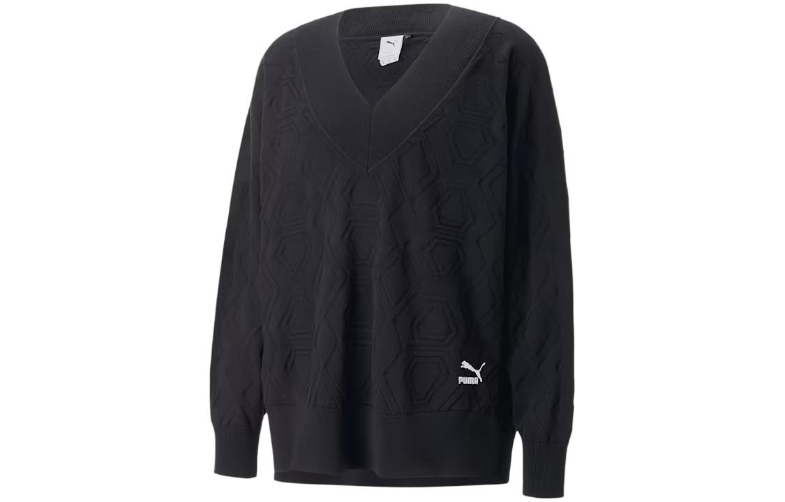 Puma Luxe Sport Oversized V-Neck Sweatshirt Black Geometric Pattern 538019-01