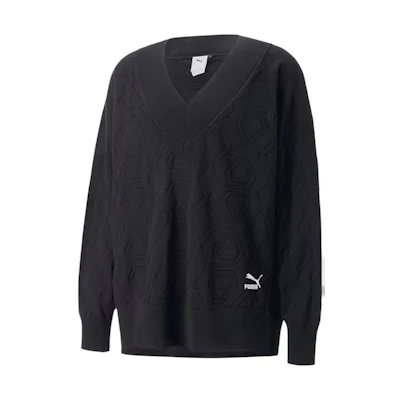 Puma Luxe Sport Oversized V-Neck Sweatshirt Black Geometric Pattern 538019-01