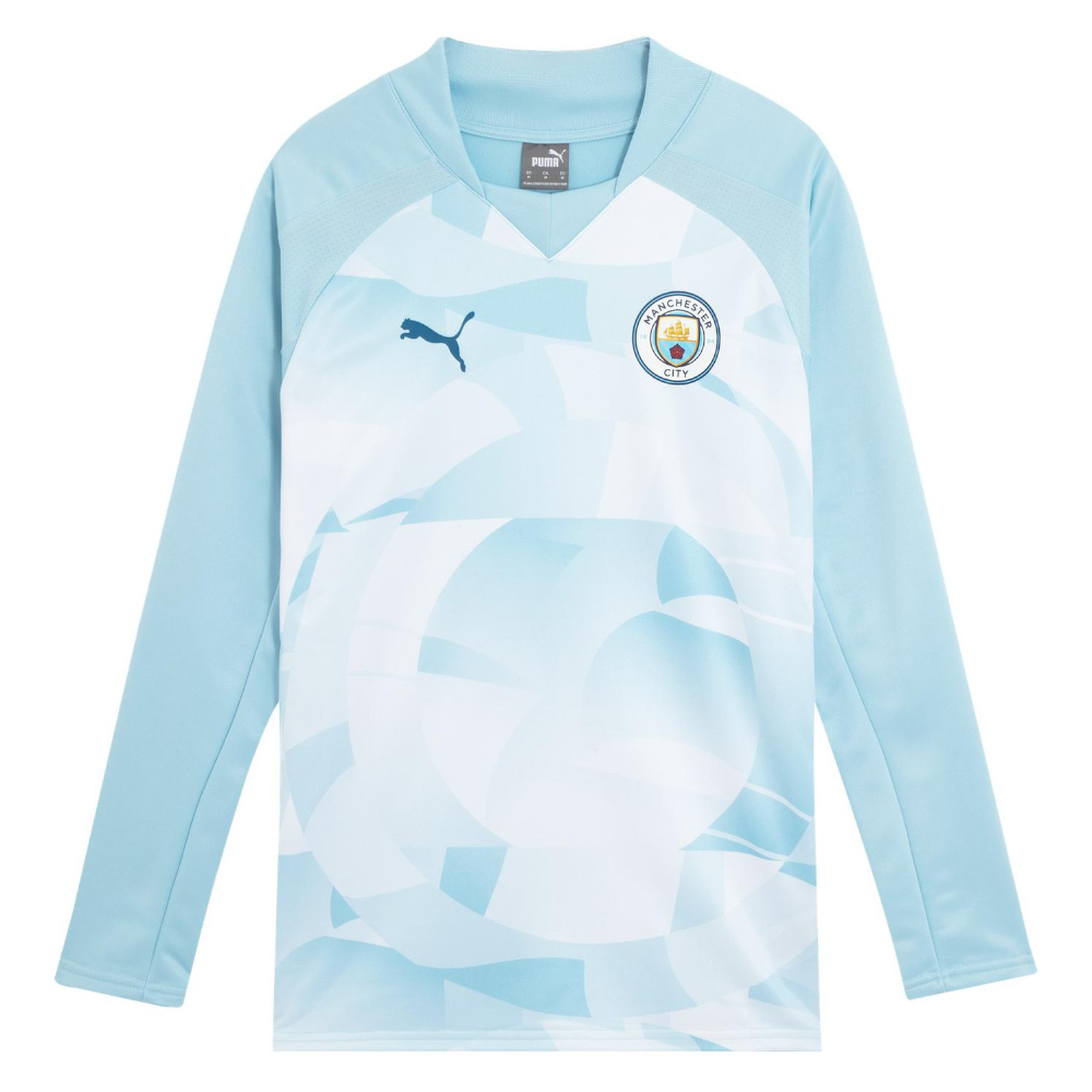 Puma MCFC Prematch LS Sweat Top Silver Gray-Light Blue Long Sleeve 774371-01