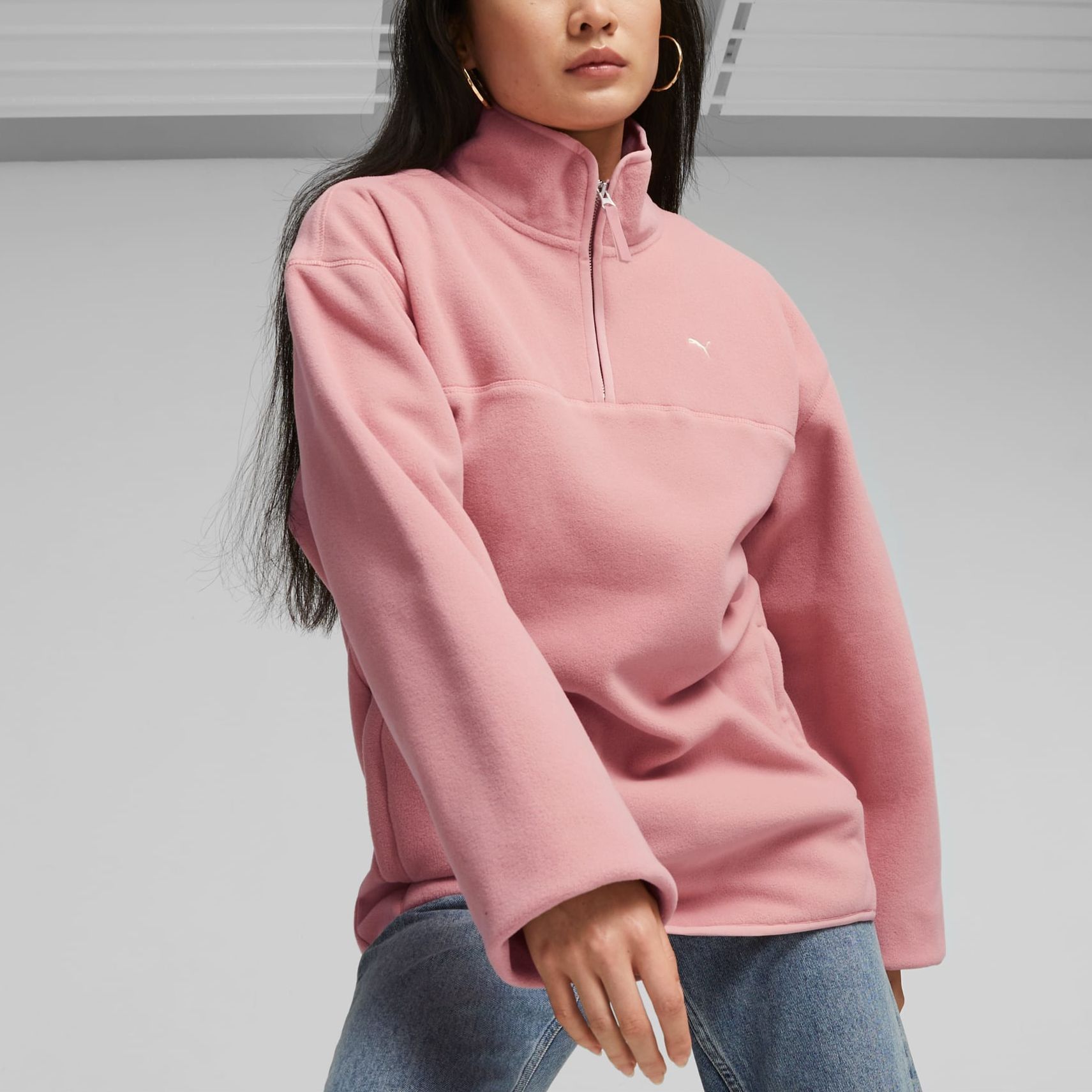 Shop 푸마 MMQ 폴라 플리스 하프집 맨투맨 핑크 유니섹스 캐주얼웨어 620820-23