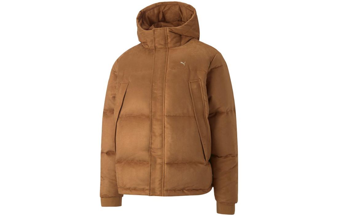 PUMA MMQ Unisex Hoodie Down Jacket Tan with Solid Logo Print & Hidden Zipper. 535786-74