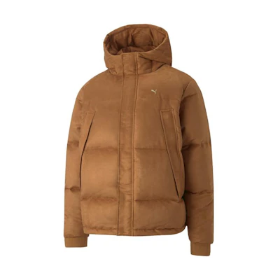 PUMA MMQ Unisex Hoodie Down Jacket Tan with Solid Logo Print & Hidden Zipper. 535786-74