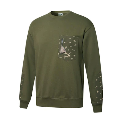 Puma Paisley Panel Pullover Hoodie with Zipper Pocket in Dark Green 534981-94