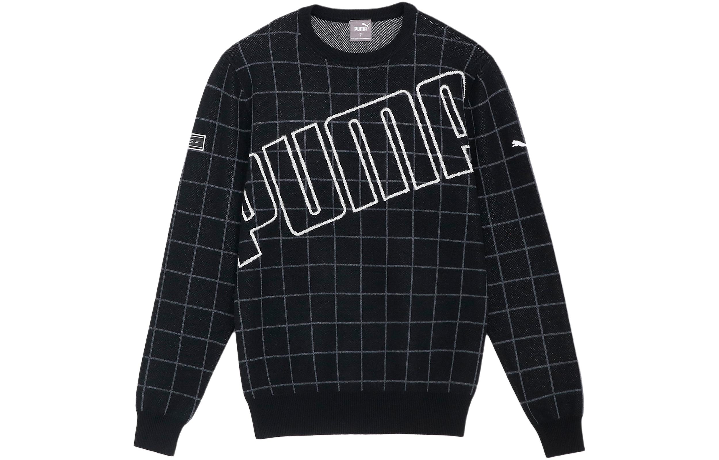Puma Plaid Print Crewneck Pullover Sweatshirt Black Casual Sweater 624910-01