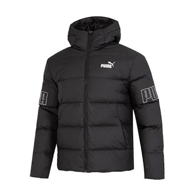 PUMA Power Hooded Down Puffer Jacket Black Warm Logo Zip-up Coat. 676032-01