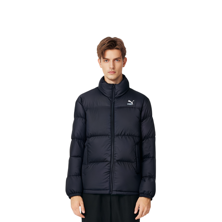 Shop PUMA 刺繡徽標立領拉鍊夾克 黑色絎縫外套。 933442-01