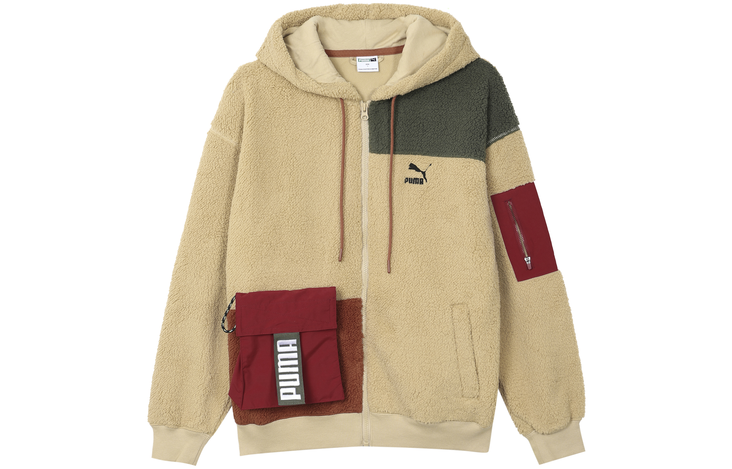 Puma Retro Block Sherpa Full-Zip Colorblock Hoodie Jacket Khaki 530711-12