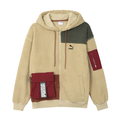 Puma Retro Block Sherpa Full-Zip Colorblock Hoodie Jacket Khaki 530711-12