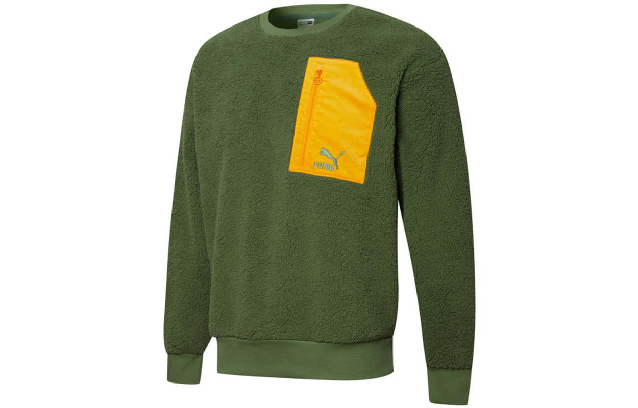 Puma Retro Crewneck Green Fleece Sweatshirt with Colorblock Pocket - 534814-67