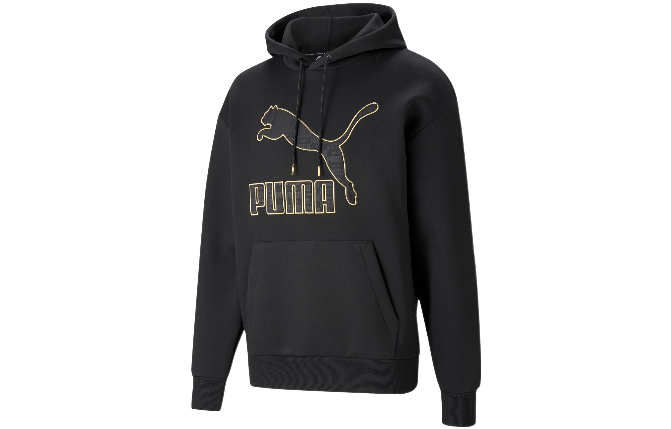 Puma Retro Hoodie with Logo Print, Drawstring, Black Casual Style 534408-01