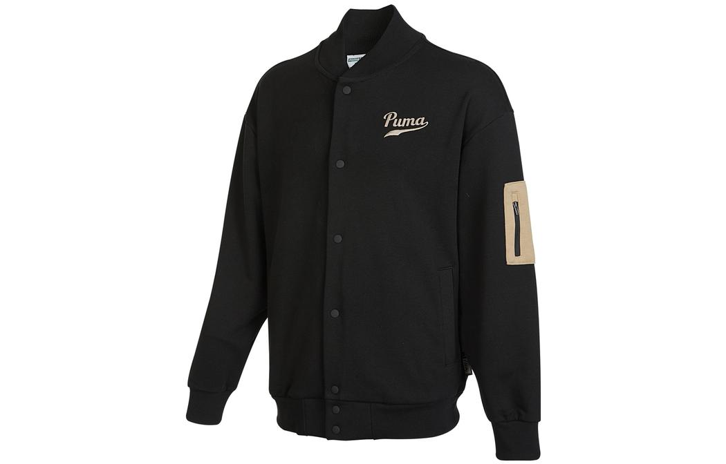 Puma Solid Black Long Sleeve Jacket with Logo Print Snap Buttons 536788-01
