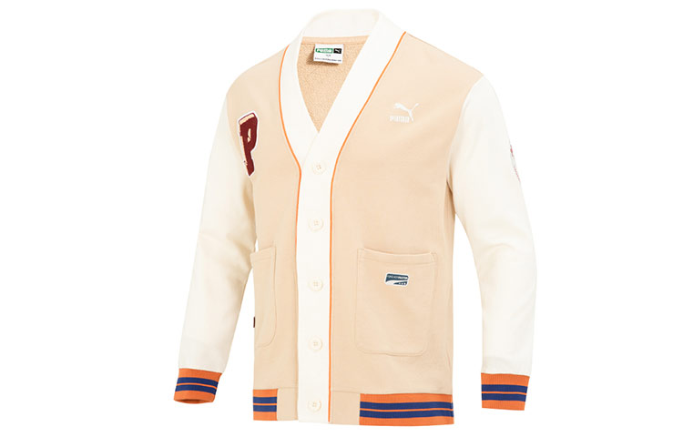 Puma TEAM Badge V-neck Knit Jacket Beige Unisex Casual Colorblock Logo Print 677374-67