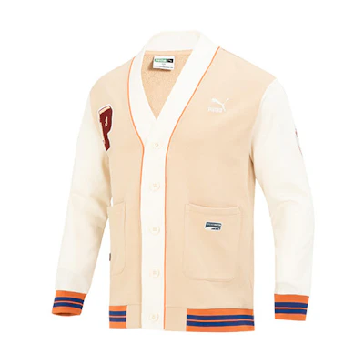 Puma TEAM Badge V-neck Knit Jacket Beige Unisex Casual Colorblock Logo Print 677374-67