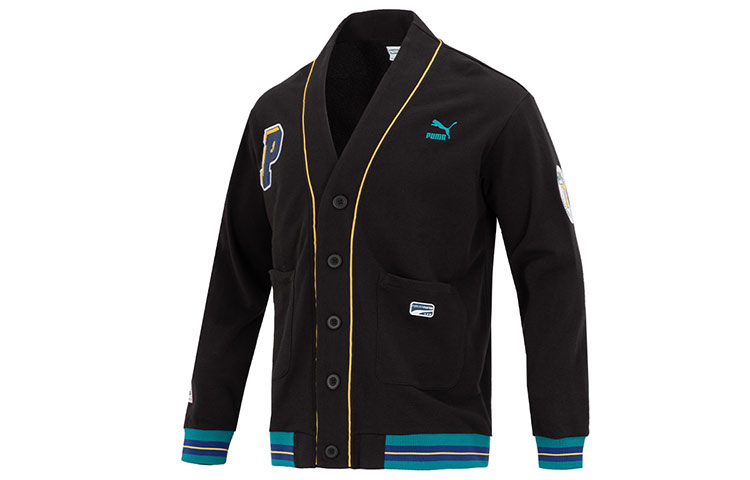 Puma Team Badge V-neck Knit Jacket Black Unisex - Colorblock Logo Print Casualwear 677374-01