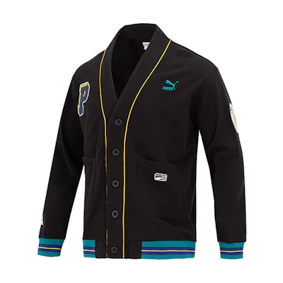 Puma Team Badge V-neck Knit Jacket Black Unisex - Colorblock Logo Print Casualwear 677374-01
