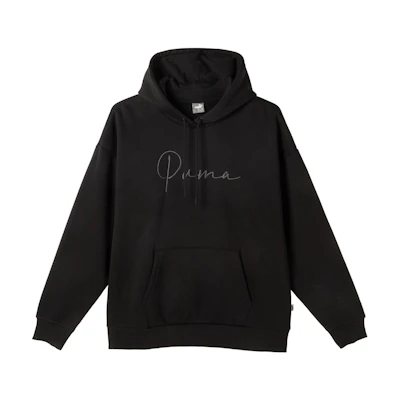 Puma Tonal Script Hoodie Black Embroidered Pullover with Drawstring 684401-01