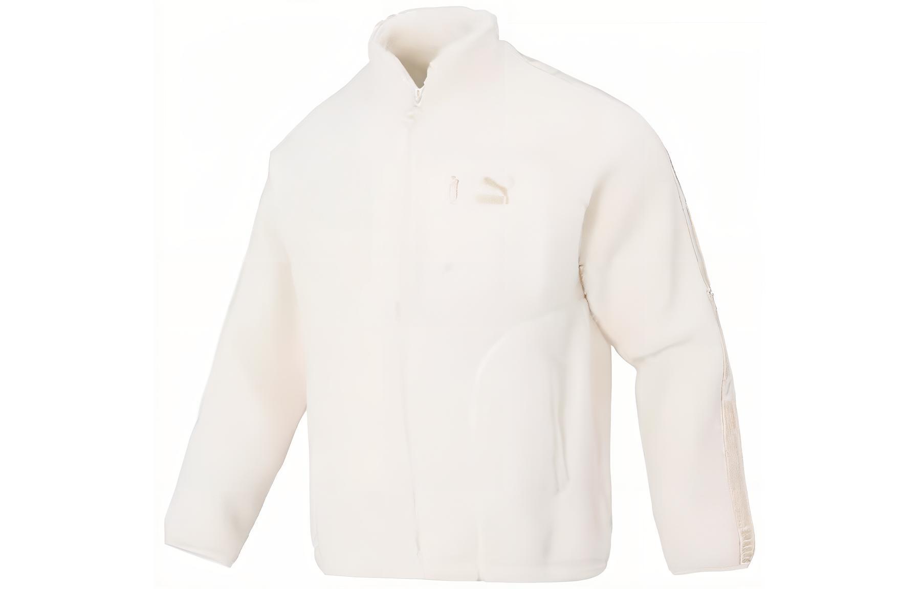 Puma White Fleece Jacket with Side Letter Tape, Unisex Casual High Collar 625196-65