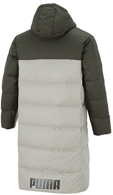 プーマ 冬用ミドル丈ロゴダウンジャケット グリーンカラー切替フード付き. 846321-44 Lookbook プーマ 冬用ミドル丈ロゴダウンジャケット グリーンカラー切替フード付き. 846321-44
