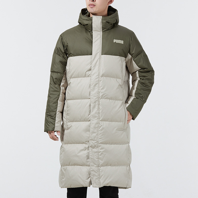 Shop プーマ 冬用ミドル丈ロゴダウンジャケット グリーンカラー切替フード付き. 846321-44