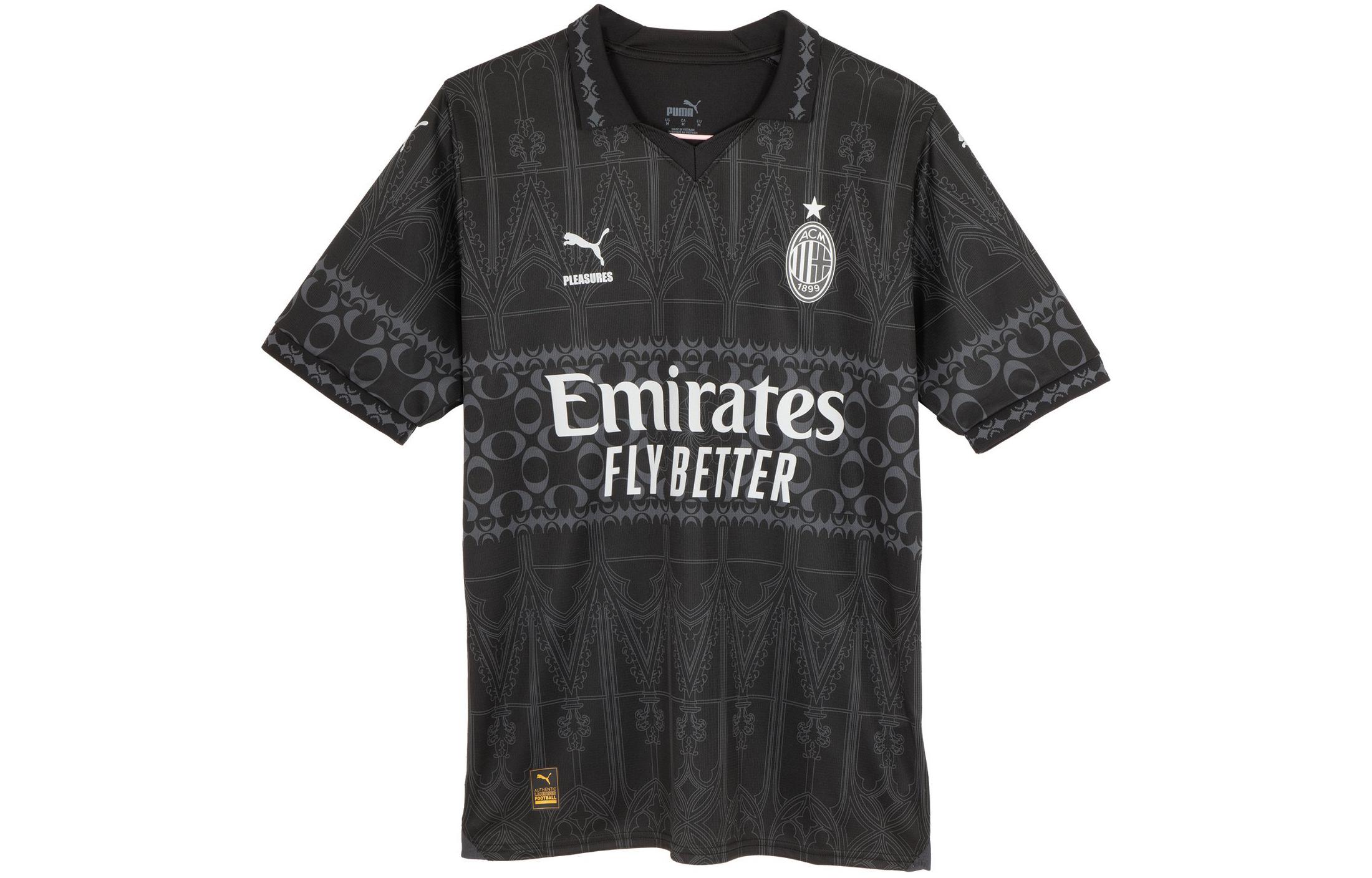 PUMA x AC Milan x PLEASURES Black Graphic Print Short Sleeve Soccer Jersey Men. 776064-01