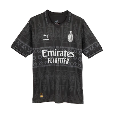 PUMA AC Milan PLEASURES Black Graphic Print Short Sleeve Soccer Jersey Men. 776064-01