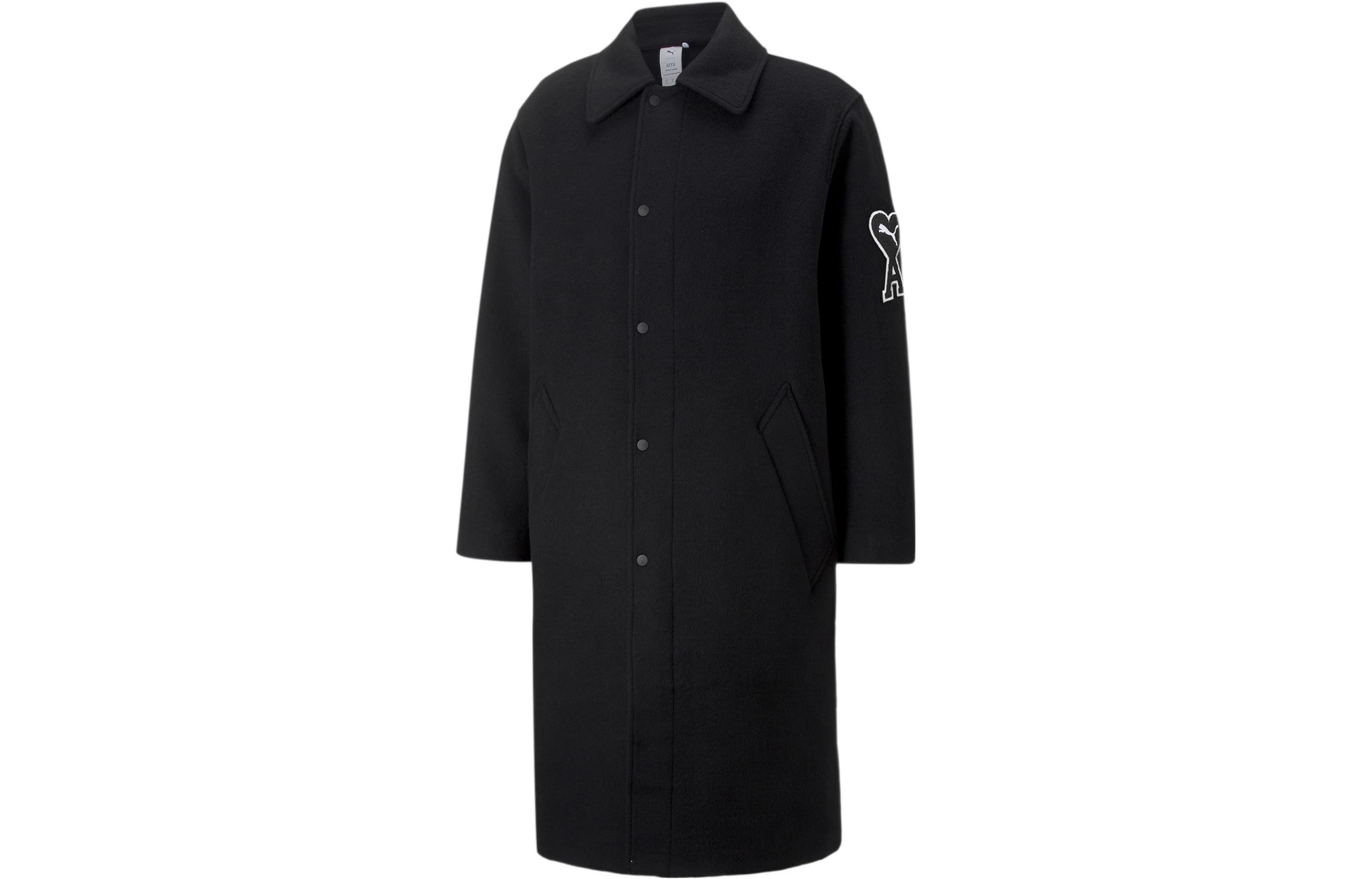 PUMA x AMI Black Unisex Long Coat with Embroidered Logo & Button Closure. 535997-01