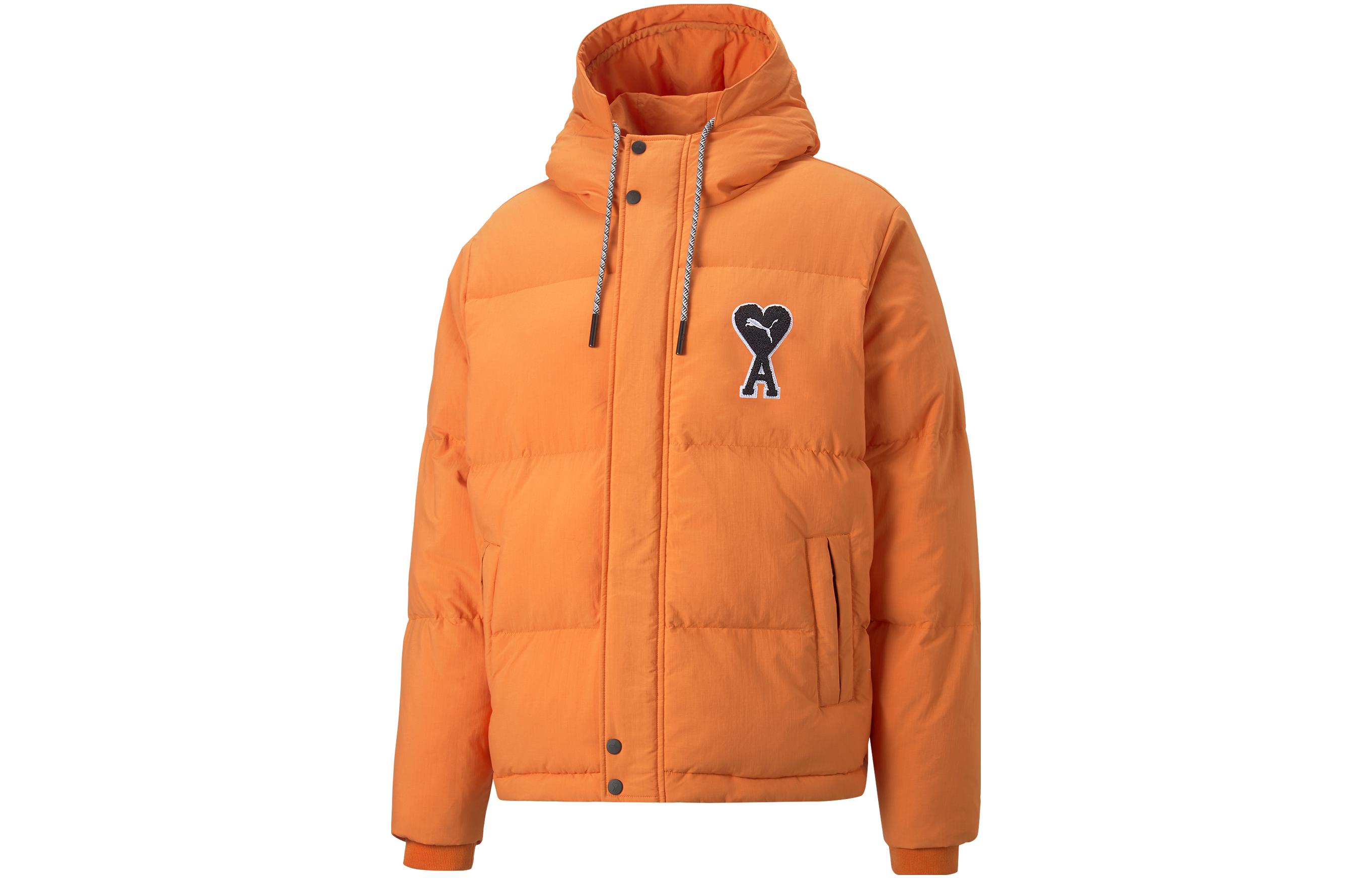 PUMA x AMI Paris Collab Heart Logo Puffer Hooded Jacket Unisex Bright Orange. 535991-72