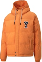 PUMA x AMI Paris Collab Heart Logo Puffer Hooded Jacket Unisex Bright Orange. 535991-72 PUMA x AMI Paris Collab Heart Logo Puffer Hooded Jacket Unisex Bright Orange. 535991-72