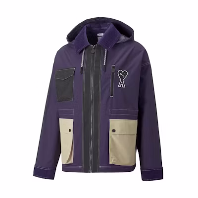 PUMA AMI Paris Colorblock Logo Hooded Utility Jacket Unisex Purple. 535990-89