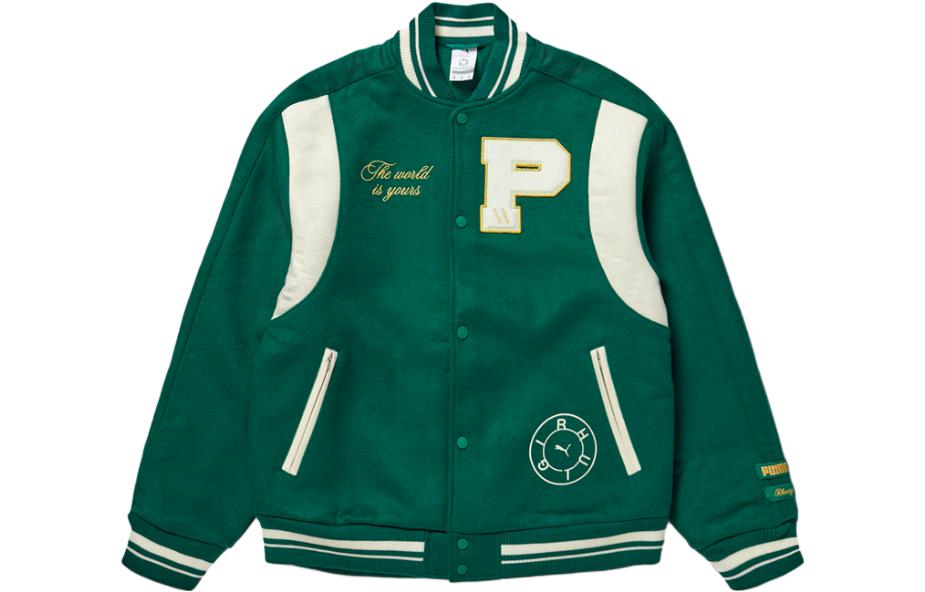 PUMA Rhuigi SS23 Letter Embroidery Retro Baseball Jacket Green Unisex. 539695-94