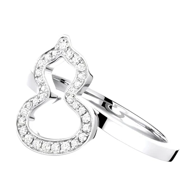 Qeelin Kirin Hollow Gourd Design 18K White Gold Diamond Ring Unisex Silver. WUR40AAWGDI
