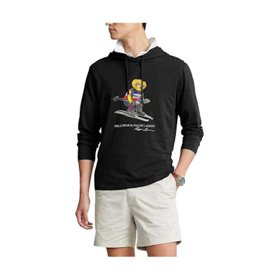 Ralph Lauren Black Drawstring Hoodie with Bear Logo Print 710860165-001