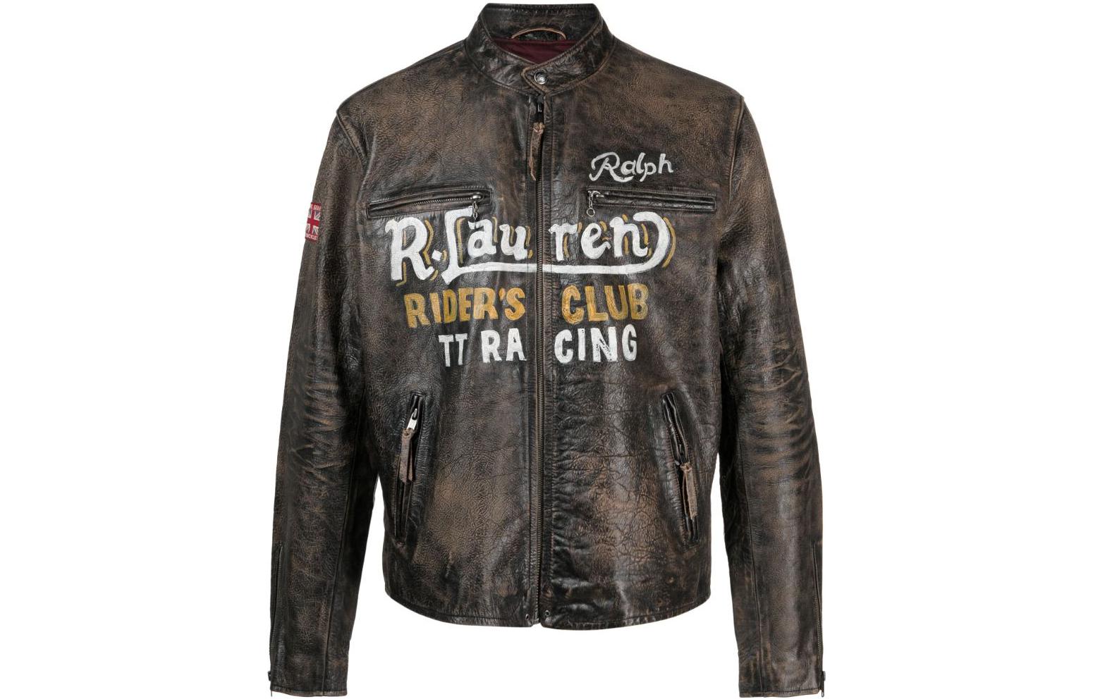 Ralph Lauren Brown Leather Zip Jacket with Logo Print 710916065-001