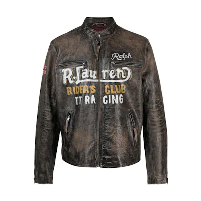 Ralph Lauren Brown Leather Zip Jacket with Logo Print 710916065-001
