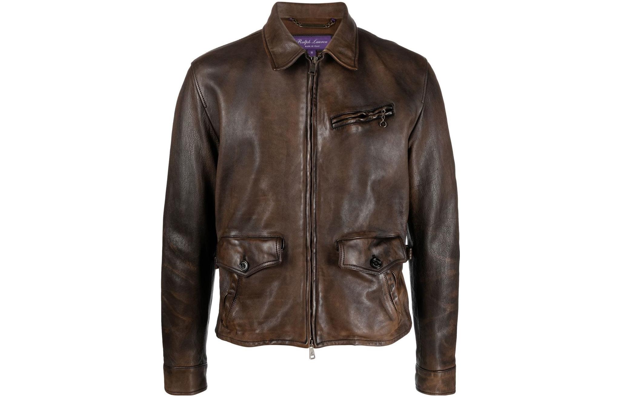 Ralph Lauren Brown Solid Leather Zip-Up Jacket 790891129-001