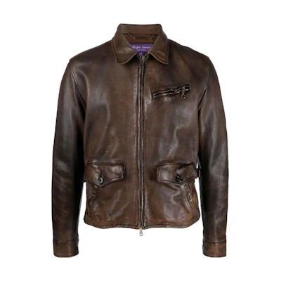 Ralph Lauren Brown Solid Leather Zip-Up Jacket 790891129-001