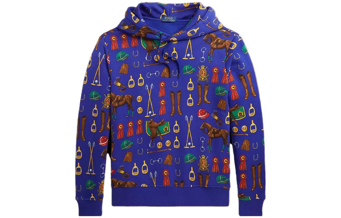 Ralph Lauren Equestrian Print Fleece Hoodie Blue - Full Animal Print Hoodie MNPOKNI16823-144