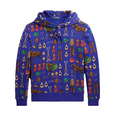 Ralph Lauren Equestrian Print Fleece Hoodie Blue - Full Animal Print Hoodie MNPOKNI16823-144