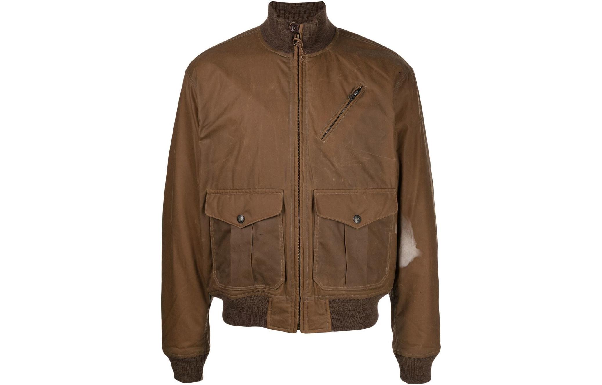Ralph Lauren FW22 Brown Distressed Zip-Up Stand Collar Bomber Jacket 710879315-001
