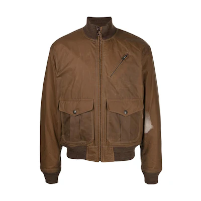 Ralph Lauren FW22 Brown Distressed Zip-Up Stand Collar Bomber Jacket 710879315-001